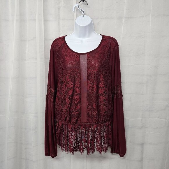 Burgundy Mesh Lace Blouse Sheer Goth Boho Whimsigoth Fairy Peplum 1X - Picture 10 of 10